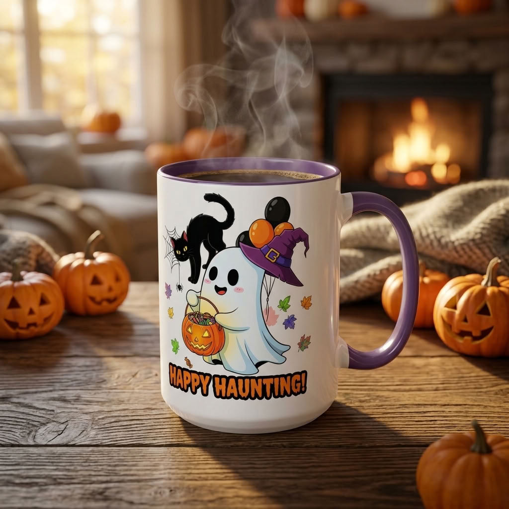 Happy Haunting! Halloween Ghost Coffee Mug | Ghost, Black Cat & Pumpkin Design | 11oz & 15oz