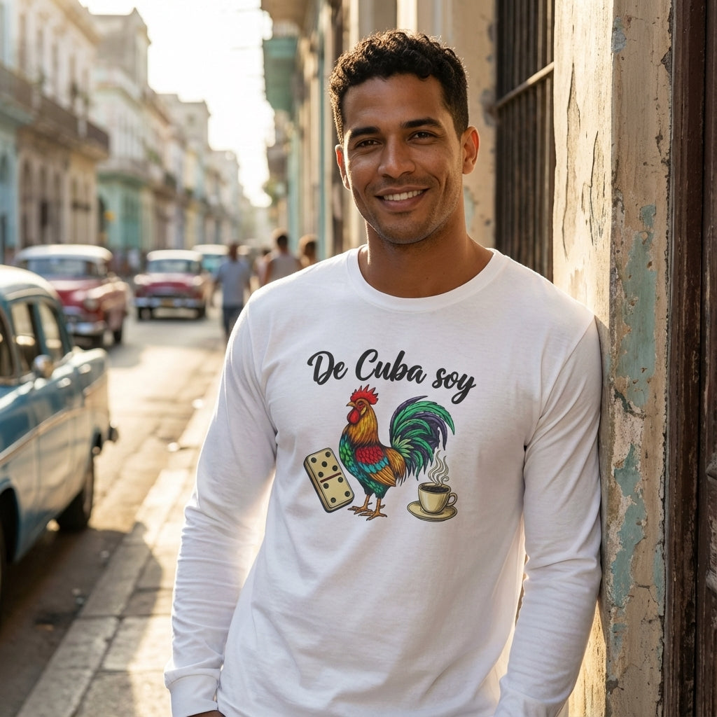 Man wearing a white long-sleeve shirt with a rooster graphic and text, standing on a street in Cuba.