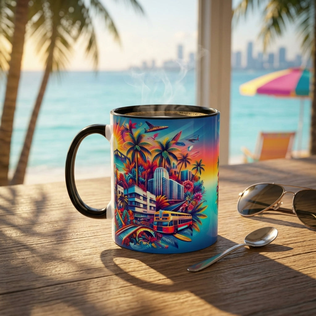 A colorful ceramic mug with a black handle and rim sits on a wooden table outdoors by a beach, with palm trees, ocean water, and sunglasses nearby. The mug features a vivid tropical cityscape illustration with palm trees, buildings, birds, and a rainbow sunset gradient.