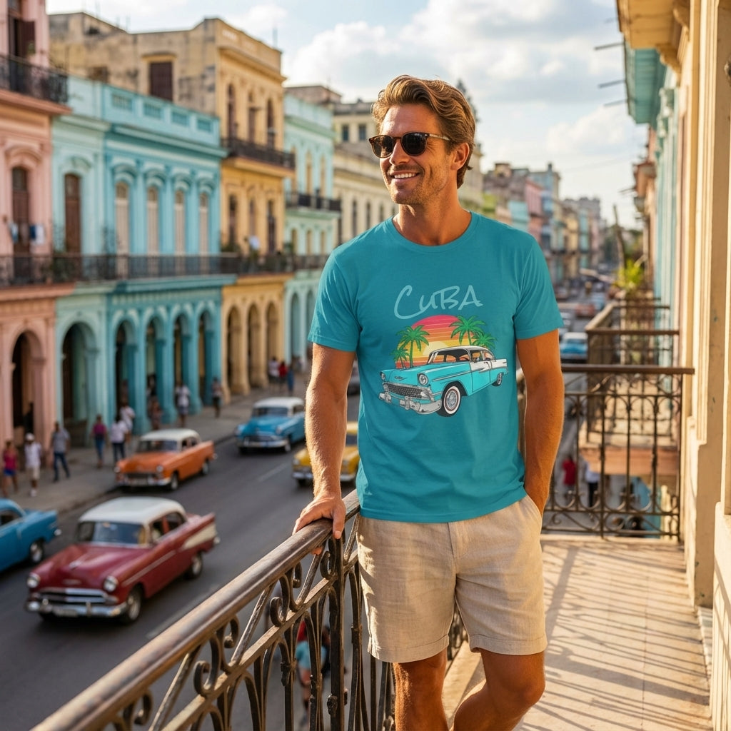 Man wearing a blue 'Cuba' t-shirt with a vintage car graphic, standing on a balcony overlooking colorful Cuban street.