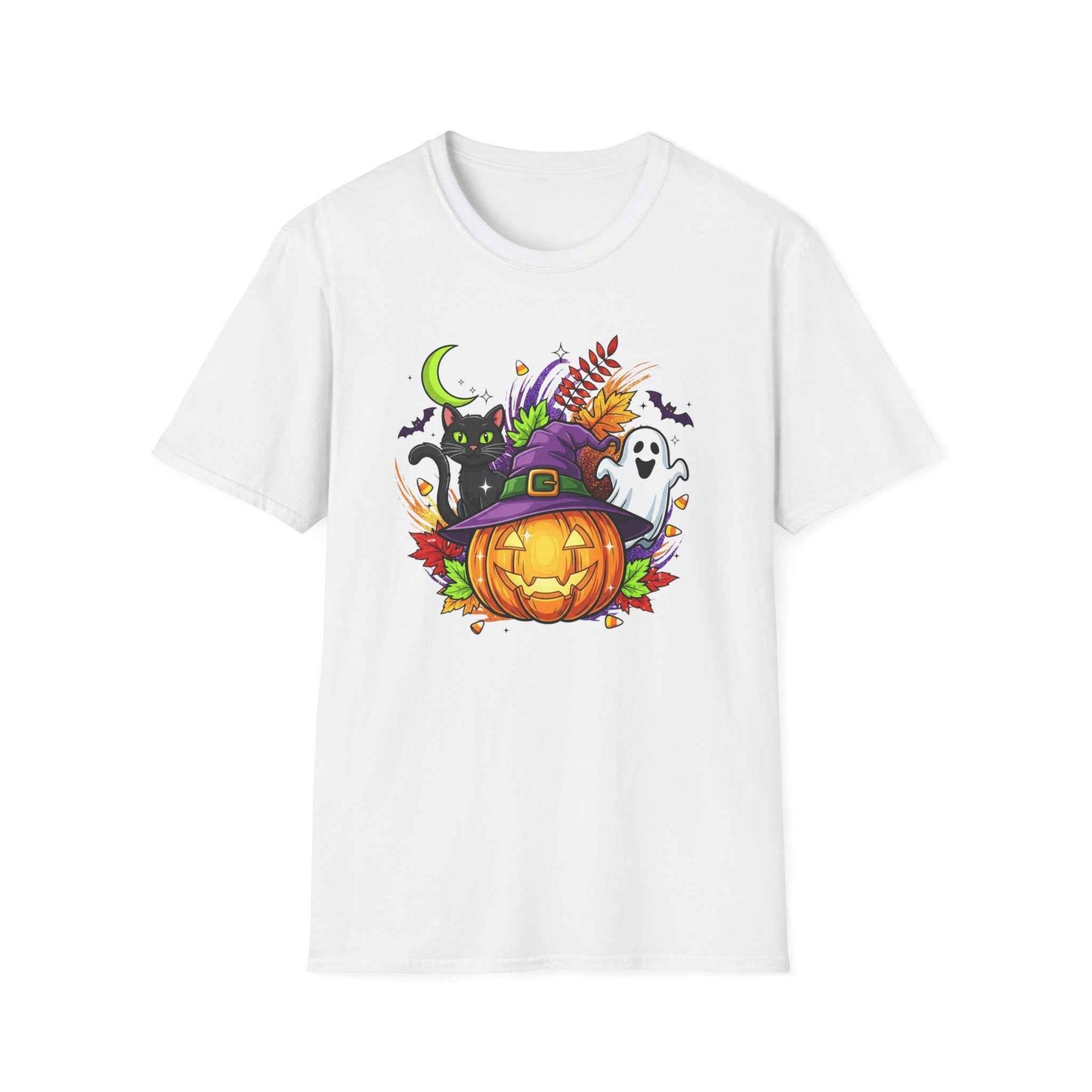Halloween T-Shirt, Witch Hat Pumpkin, Black Cat and Ghost