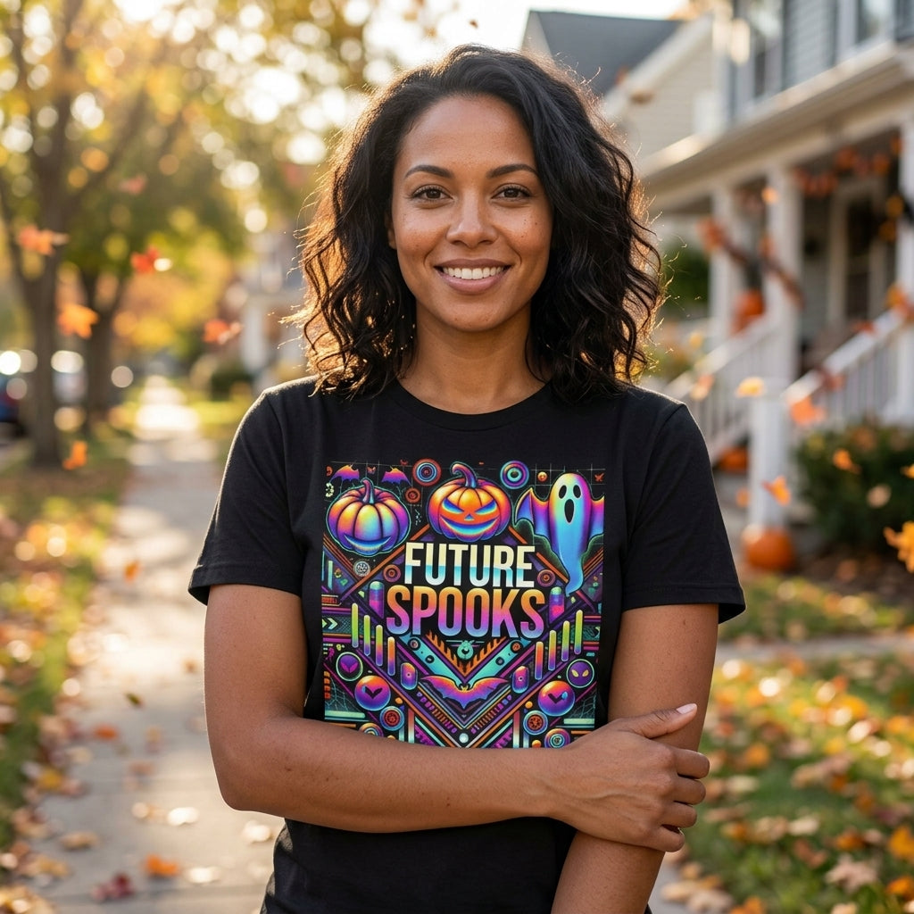 A woman stands outdoors on a residential street during autumn, wearing a black graphic t-shirt with a colorful 'FUTURE SPOOKS' design featuring pumpkins, ghosts, and neon patterns.