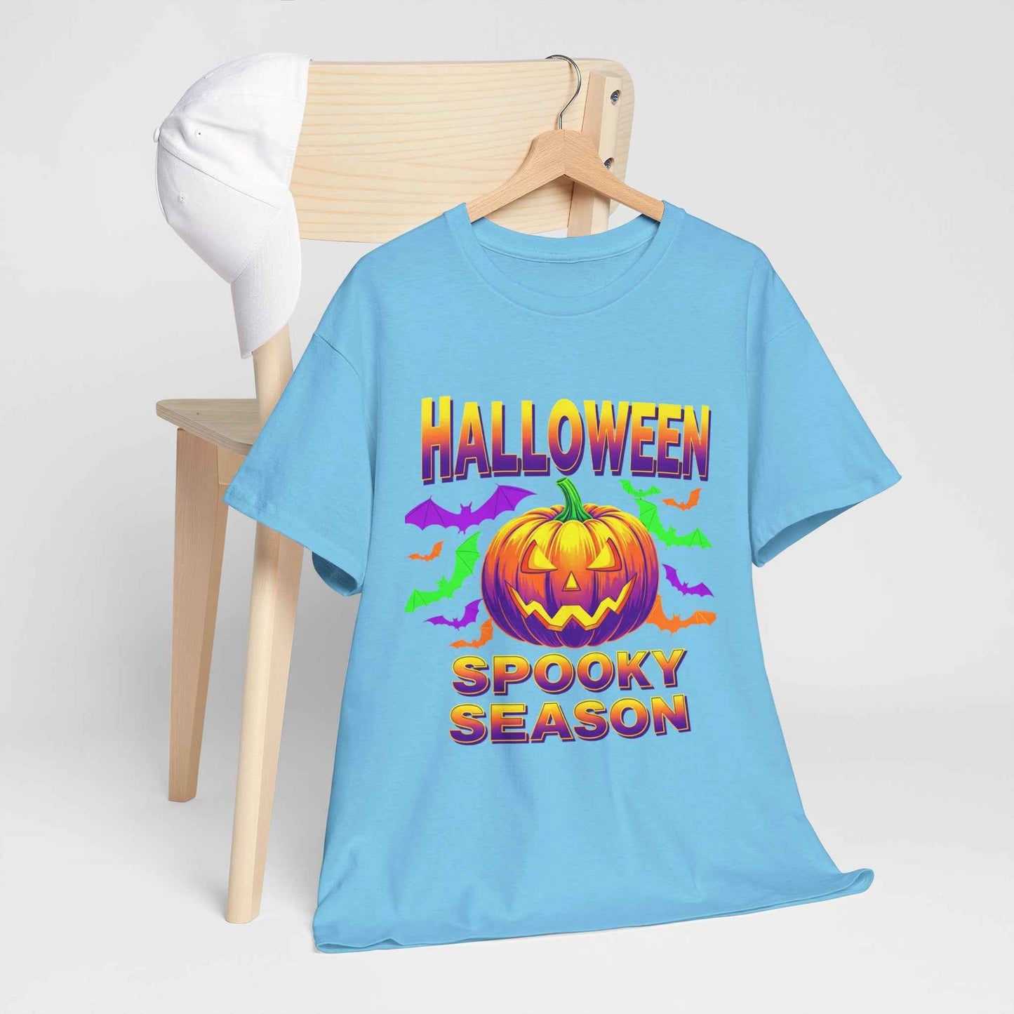 Retro Halloween T-Shirt - Neon Pumpkin & Bats 'Spooky Season' Tee - 80s/90s Style