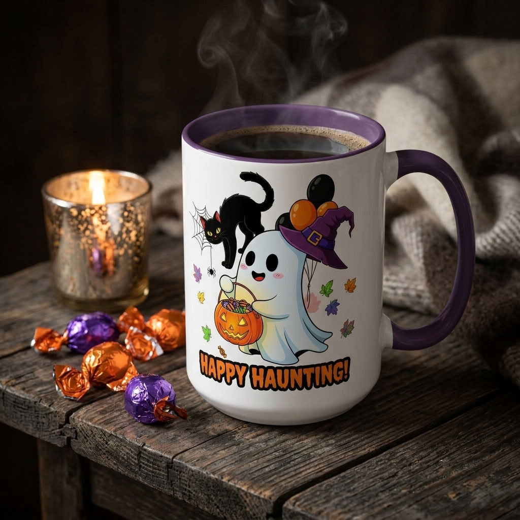 Happy Haunting! Halloween Ghost Coffee Mug | Ghost, Black Cat & Pumpkin Design | 11oz & 15oz