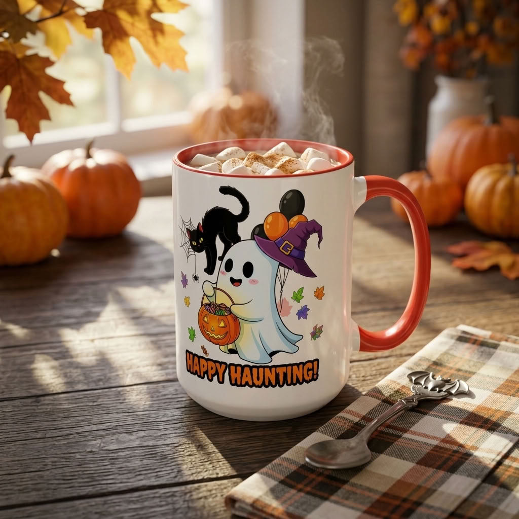 Happy Haunting! Halloween Ghost Coffee Mug | Ghost, Black Cat & Pumpkin Design | 11oz & 15oz