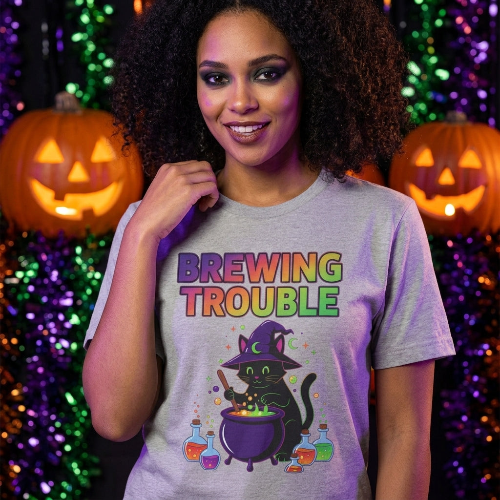 Brewing Trouble T-Shirt | Cute Witch Cauldron Halloween Graphic Tee