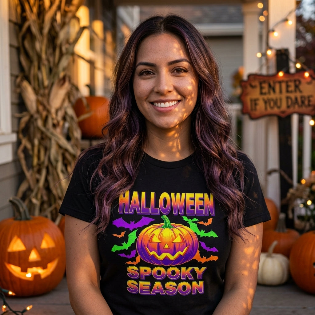 Retro Halloween T-Shirt | Neon Pumpkin & Bats 'Spooky Season' Tee | 80s/90s Style