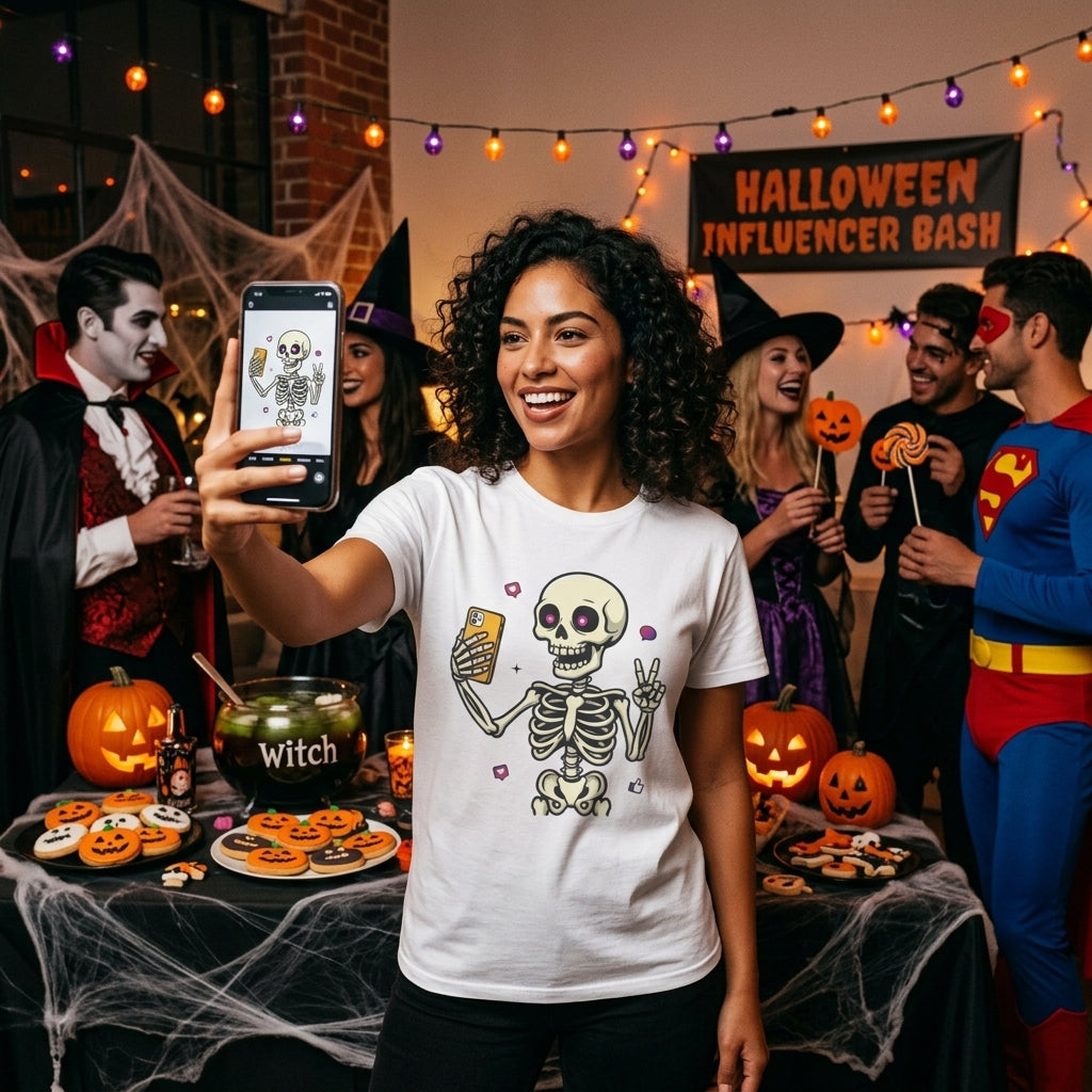 Skeleton Selfie T-Shirt | Funny Spooky Skull Halloween Graphic Tee