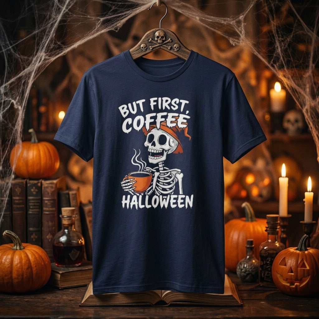 Halloween Skeleton Coffee T-Shirt | Funny Skull But First Coffee Graphic Tee