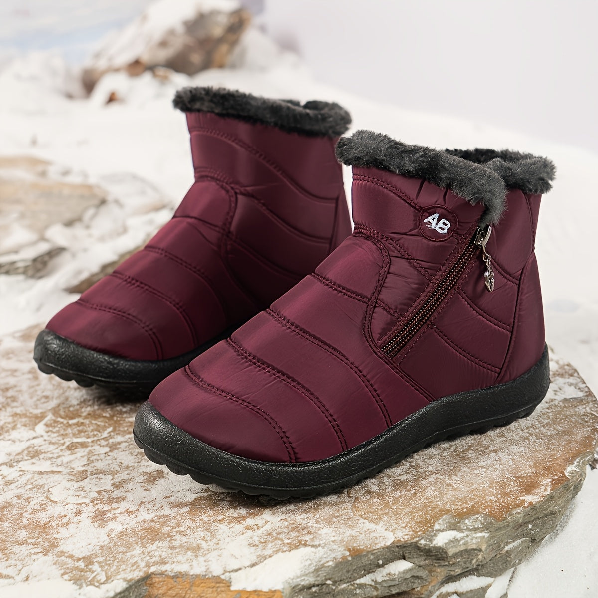 Women's Warm Ski Boots - Side-Zip Mid-Calf Winter Boots with Fleece Lining
