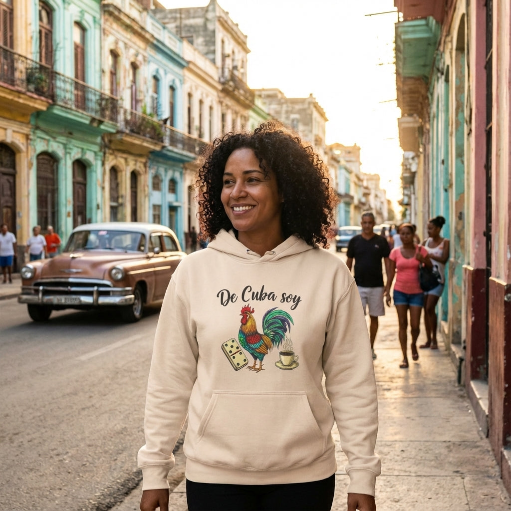 Woman wearing a hoodie with a rooster design and text, standing on a colorful street in Cuba.