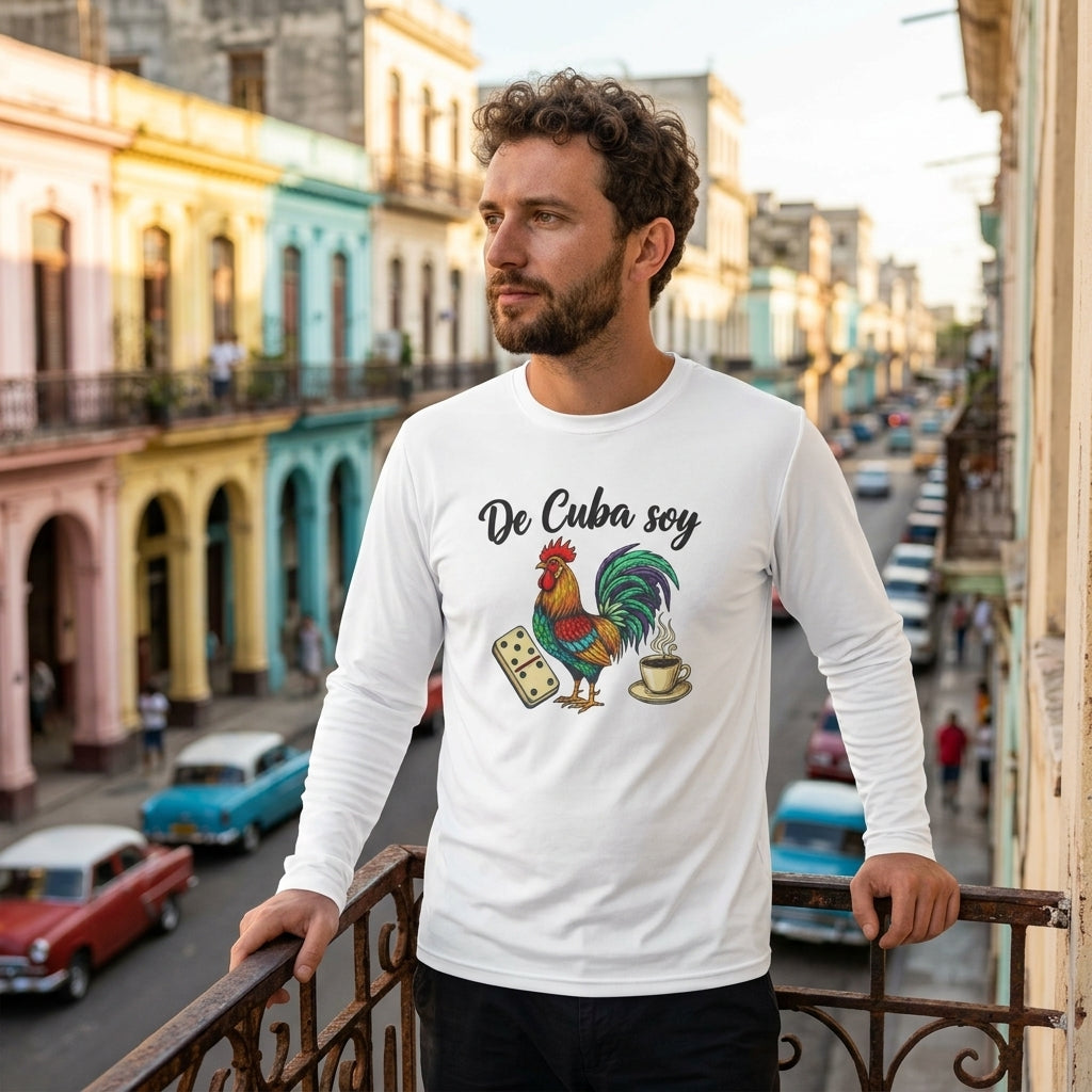 De Cuba Soy Long Sleeve Tee - Cuban Cultural Long Sleeve Tee with Rooster, Domino, and Coffee Design