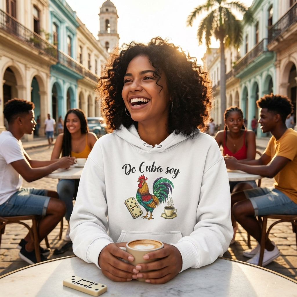 Woman in a 'De Cuba soy' hoodie with rooster design holding a cup in a Cuban street setting