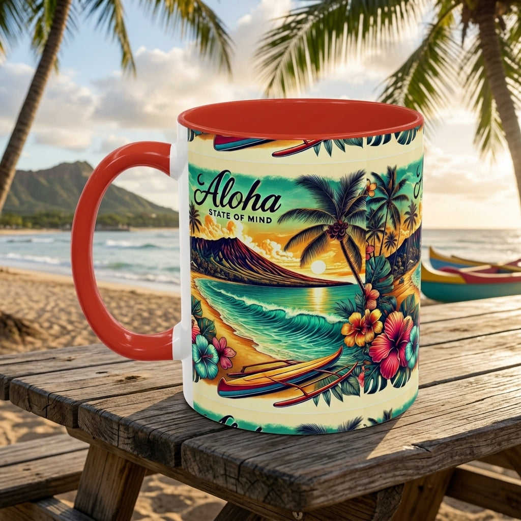 A ceramic mug with a red handle and interior sits on a wooden picnic table at a beach. The mug features a colorful tropical Hawaii design with palm trees, hibiscus flowers, a wave, and the words 'Aloha State of Mind'.