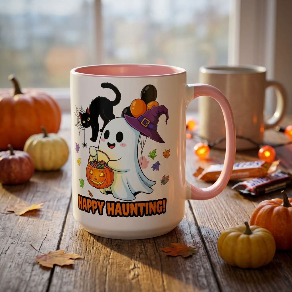 Happy Haunting! Halloween Ghost Coffee Mug | Ghost, Black Cat & Pumpkin Design | 11oz & 15oz