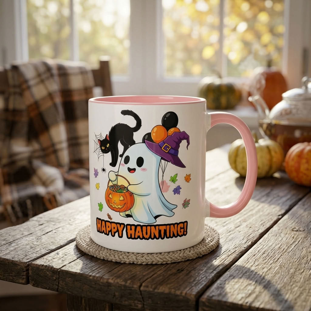 Happy Haunting! Halloween Ghost Coffee Mug | Ghost, Black Cat & Pumpkin Design | 11oz & 15oz
