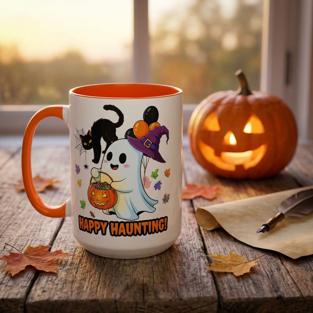 Happy Haunting! Halloween Ghost Coffee Mug | Ghost, Black Cat & Pumpkin Design | 11oz & 15oz