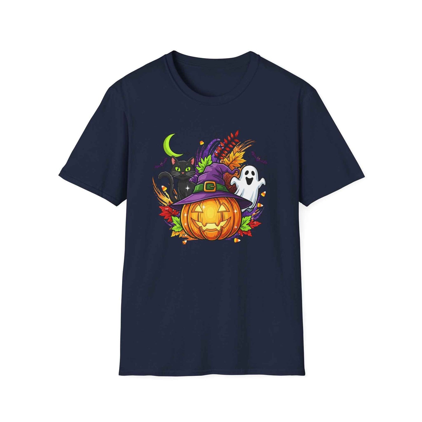 Halloween T-Shirt, Witch Hat Pumpkin, Black Cat and Ghost