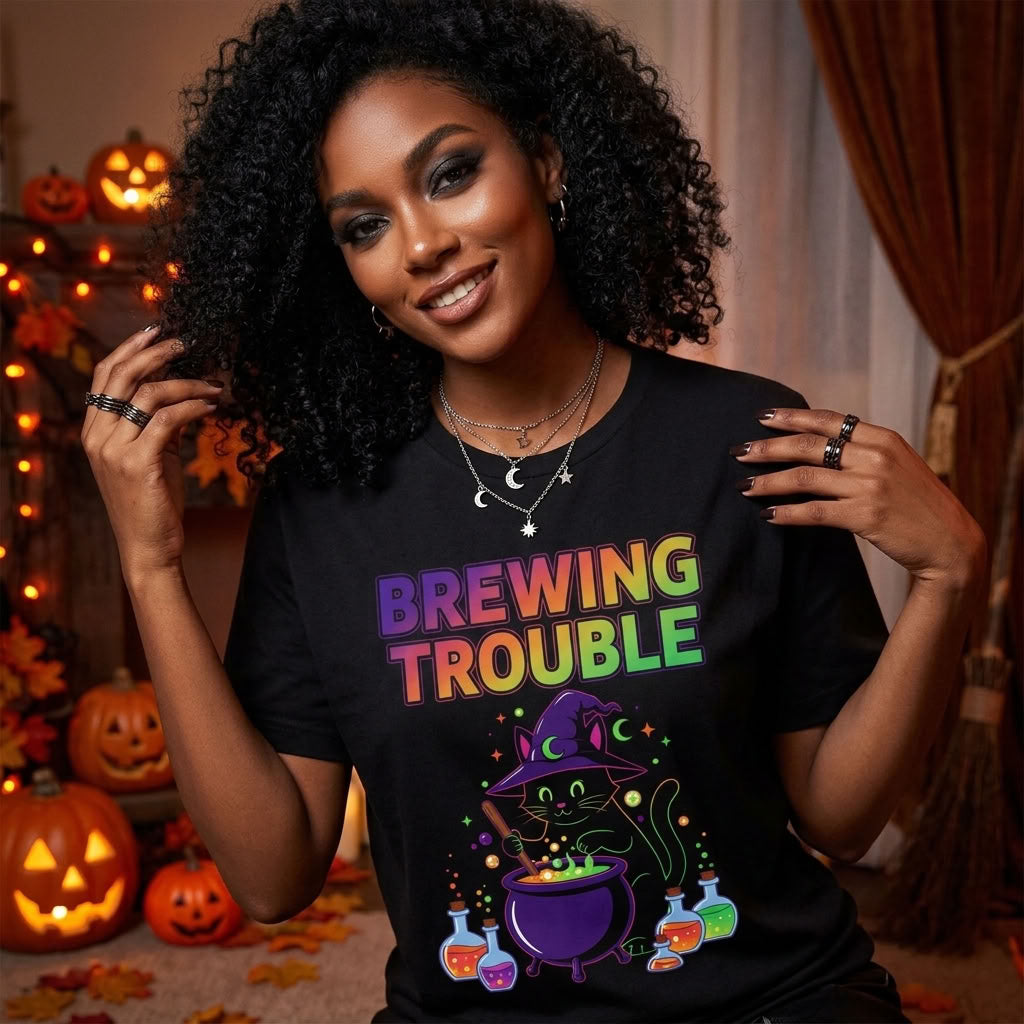 Brewing Trouble T-Shirt | Cute Witch Cauldron Halloween Graphic Tee