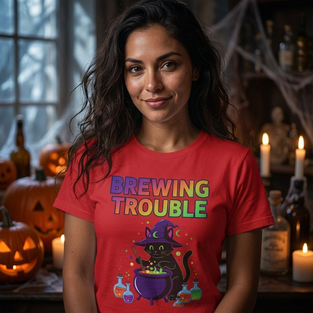 Brewing Trouble T-Shirt | Cute Witch Cauldron Halloween Graphic Tee