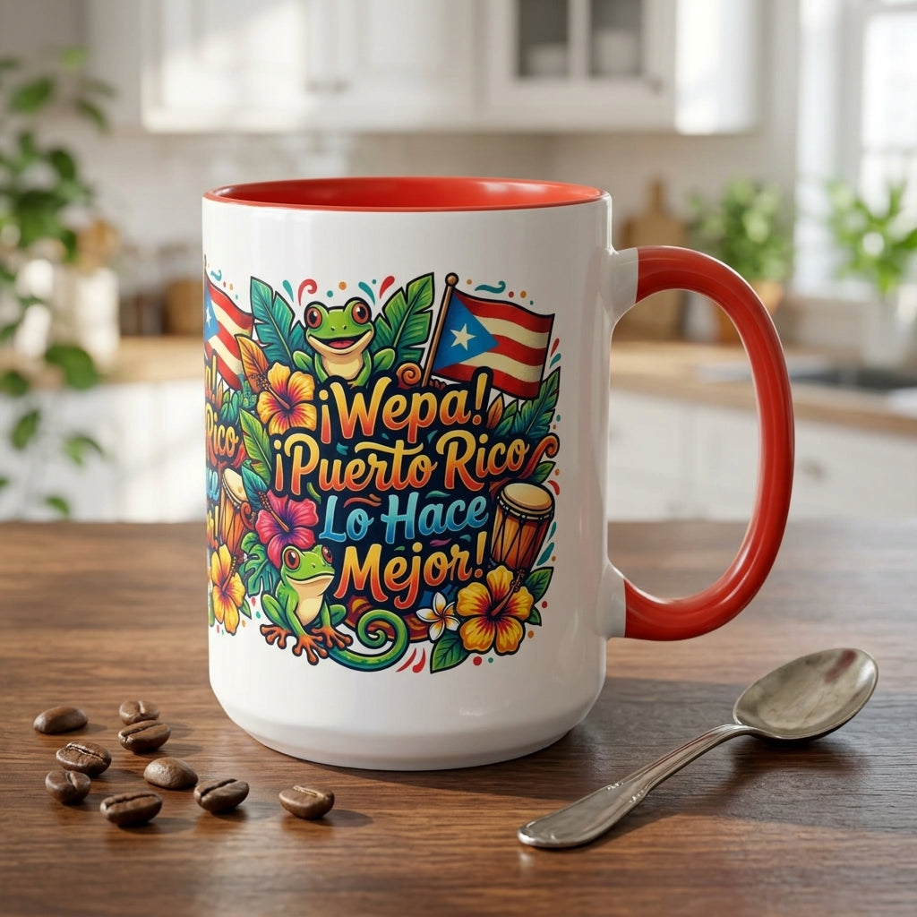 Wepa! Puerto Rico Lo Hace Mejor Accent Coffee Mug | Puerto Rican Flag, Coquí, Floral Design