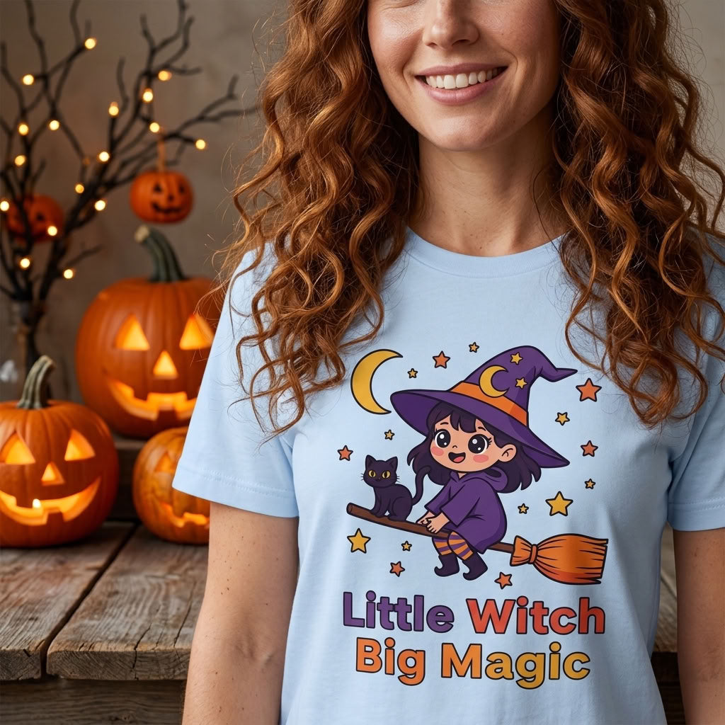 Little Witch Big Magic T-Shirt | Cute Witch Cat Halloween Graphic Tee