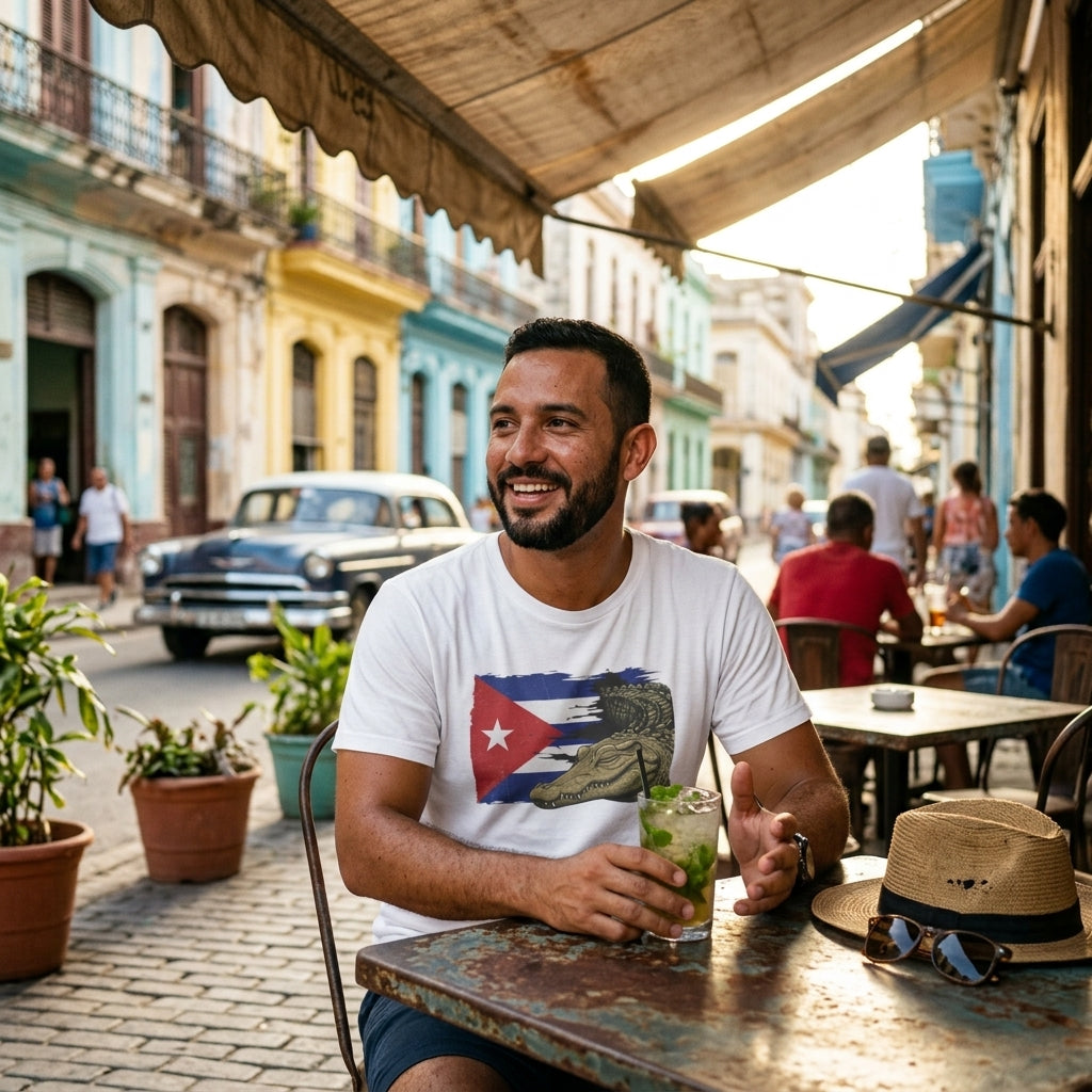 A man sitting at an outdoor cafe table in a historic street, wearing a white graphic t-shirt with a Cuban flag and soldier design. A straw hat and sunglasses rest on the table next to him.