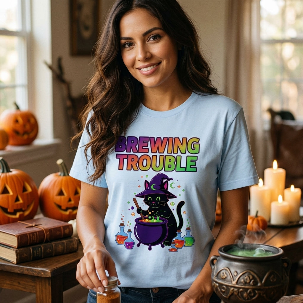 Brewing Trouble T-Shirt | Cute Witch Cauldron Halloween Graphic Tee