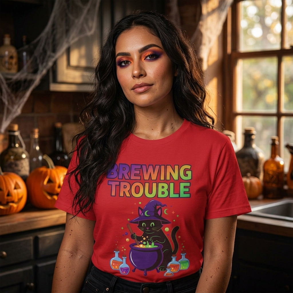 A woman wearing a red graphic t-shirt with a colorful 'BREWING TROUBLE' design featuring a black cat and cauldron, posed in a Halloween-themed kitchen with pumpkins and bottles.