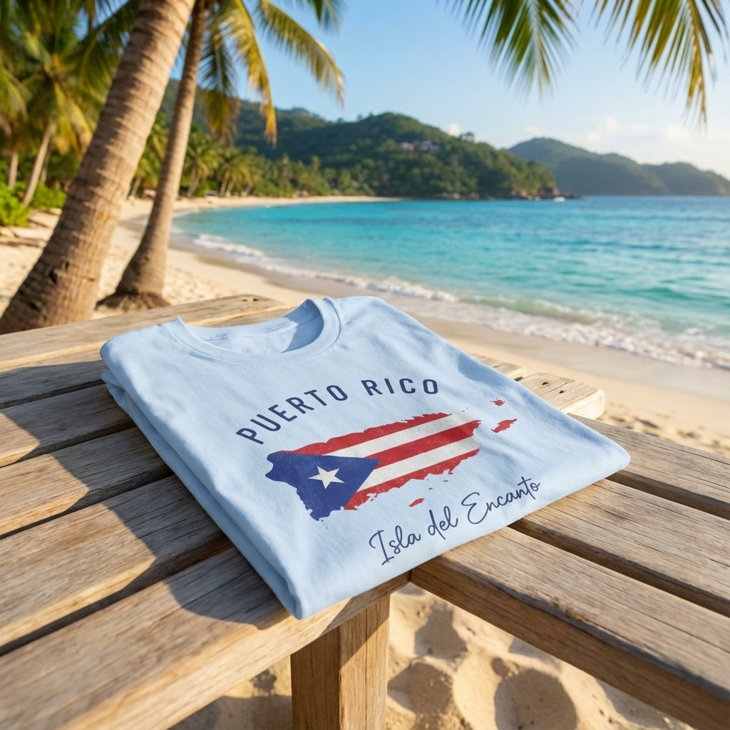 Folded light blue t-shirt with Puerto Rico design on a wooden table by a tropical beach.