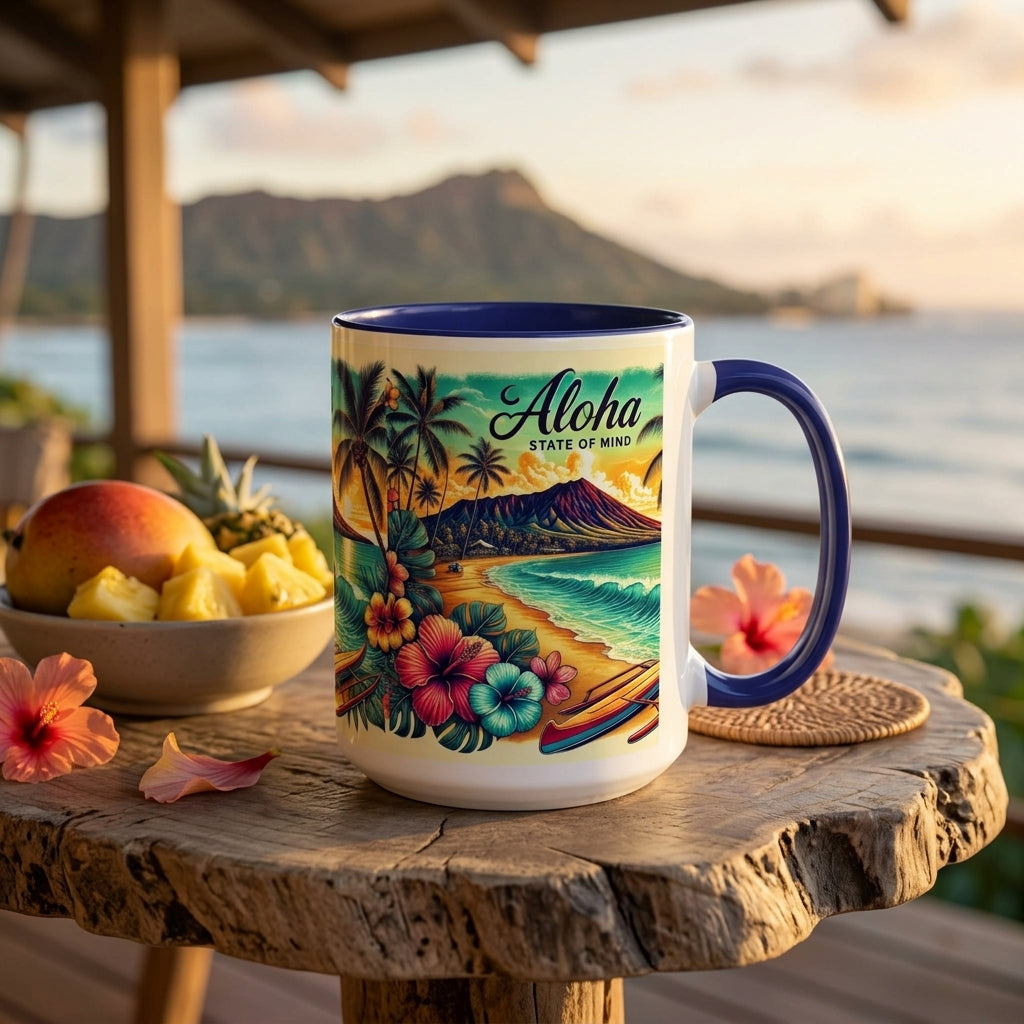 A ceramic mug with a colorful tropical Hawaii 'Aloha State of Mind' design sits on a rustic wooden table outdoors, with a bowl of fruit and hibiscus flowers nearby and the ocean in the background.