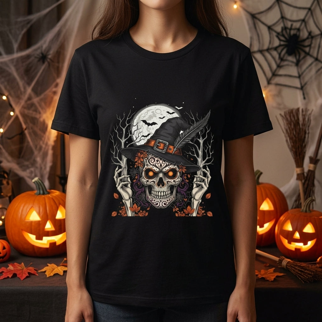 Skull Witch Halloween T-Shirt | Spooky Gothic Skull Graphic Tee for Halloween
