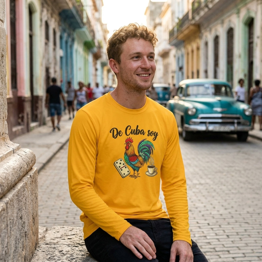De Cuba Soy Long Sleeve Tee - Cuban Cultural Long Sleeve Tee with Rooster, Domino, and Coffee Design