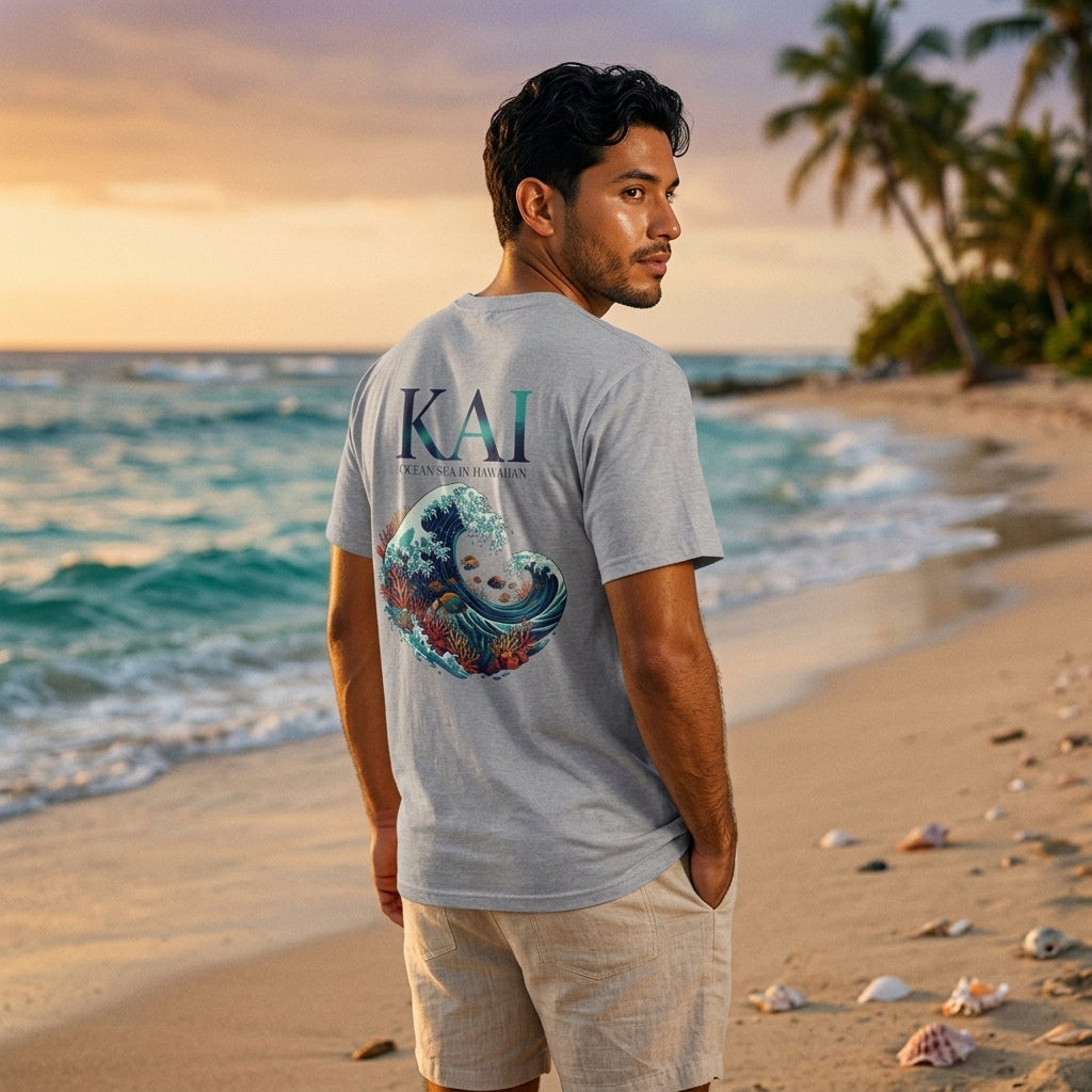 A man standing on a sandy beach at sunset wearing a light gray t-shirt with a large graphic print on the back featuring the text 'KAI' and a mermaid illustration, paired with beige shorts.