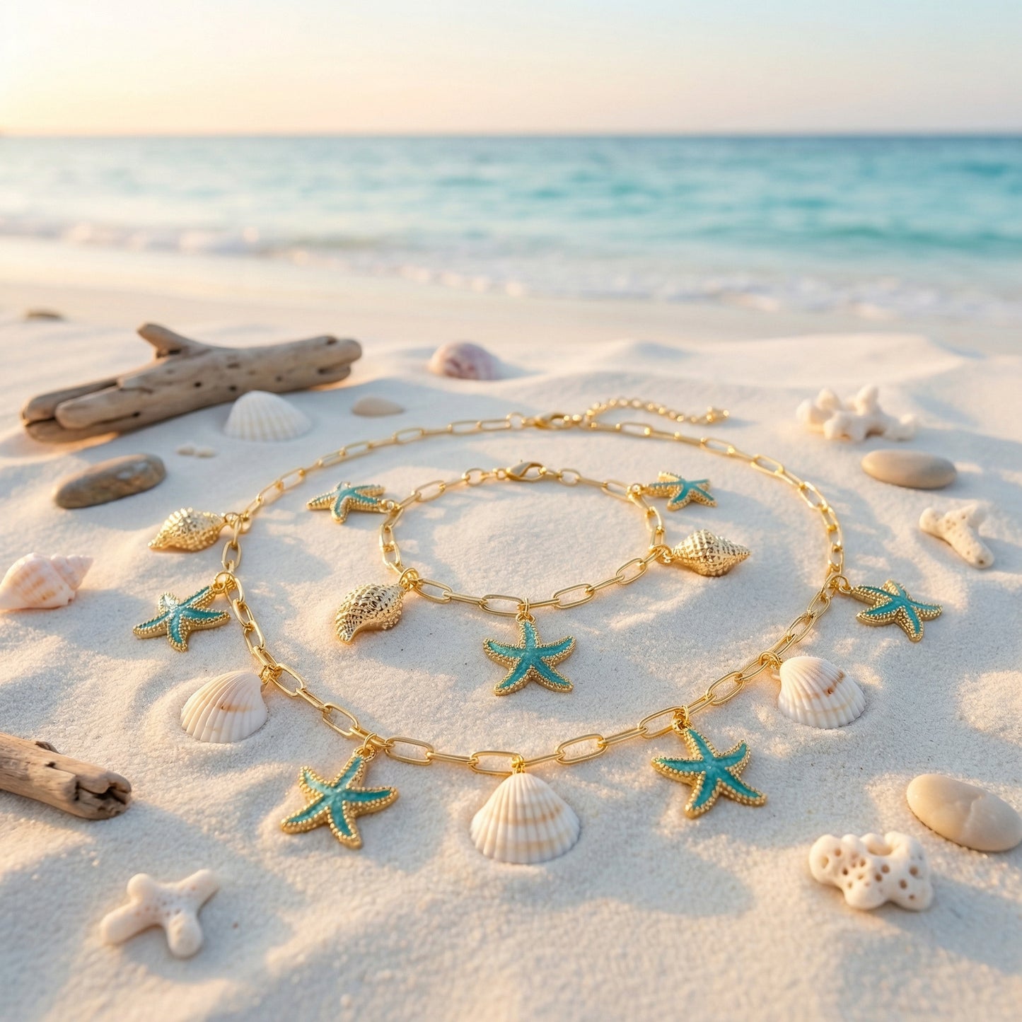 Gold and blue starfish-themed jewelry set on a sandy beach with ocean view