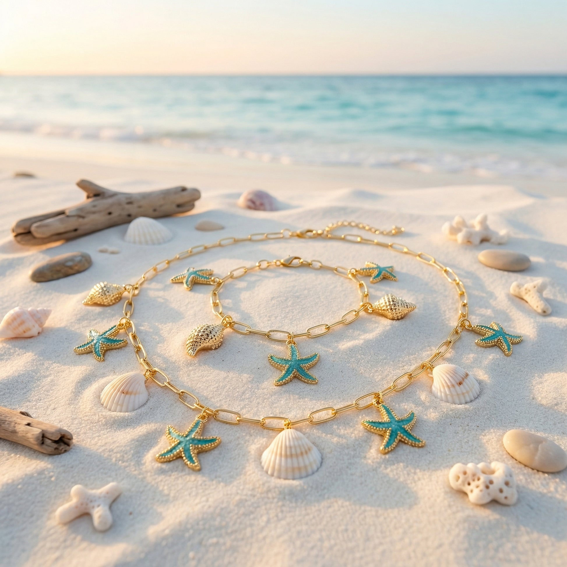 Gold and blue starfish-themed jewelry set on a sandy beach with ocean view