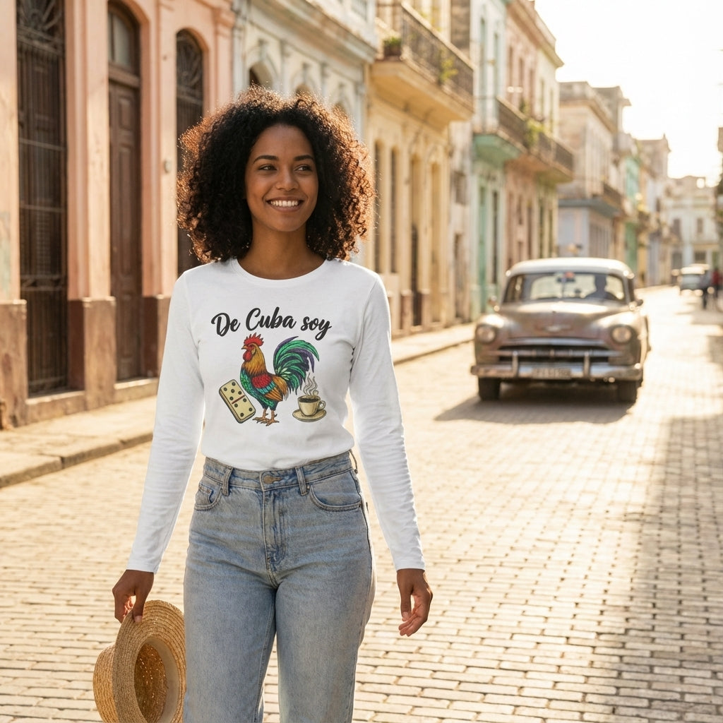Woman wearing a 'De Cuba soy' shirt with a rooster graphic on a street in Cuba.