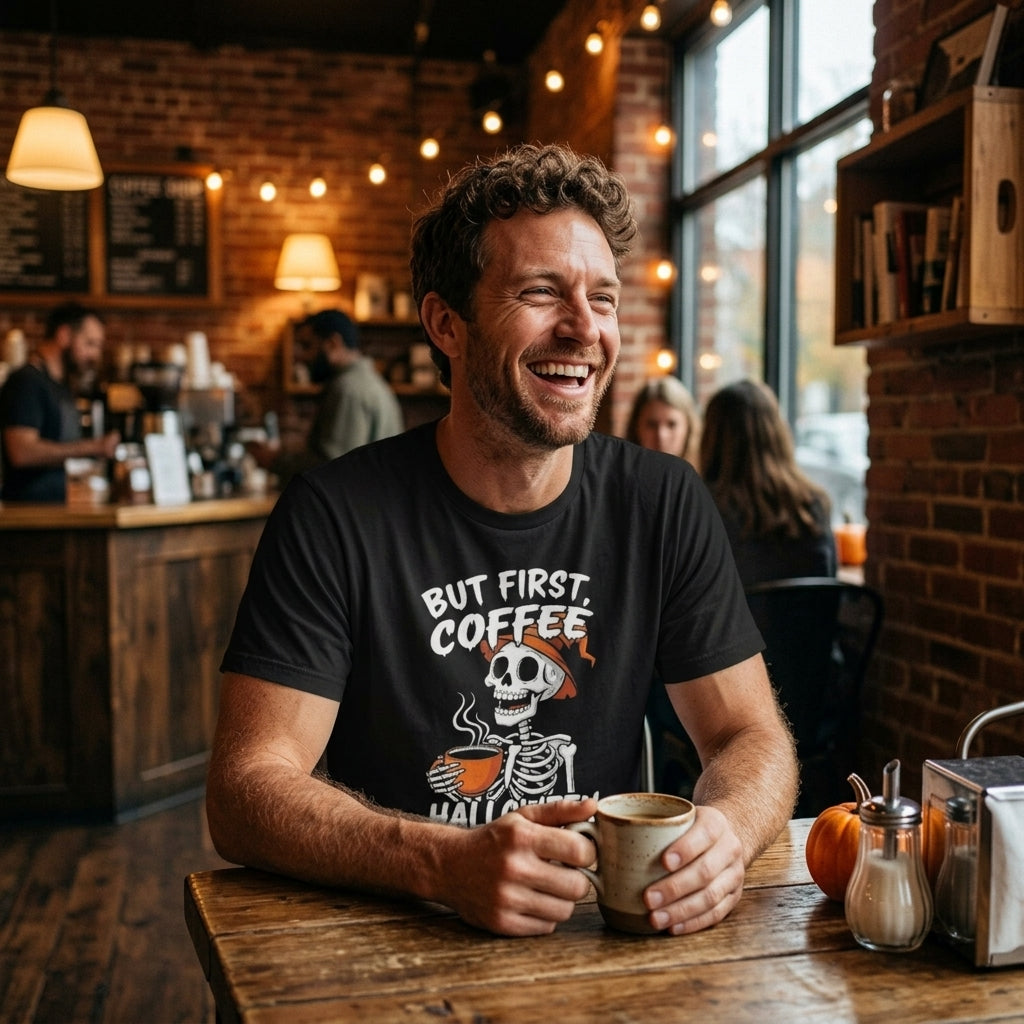 A man laughing at a wooden table in a cozy, warm brick-and-wood cafe, wearing a black graphic t-shirt that reads 'BUT FIRST COFFEE' above a skeleton holding a coffee cup.
