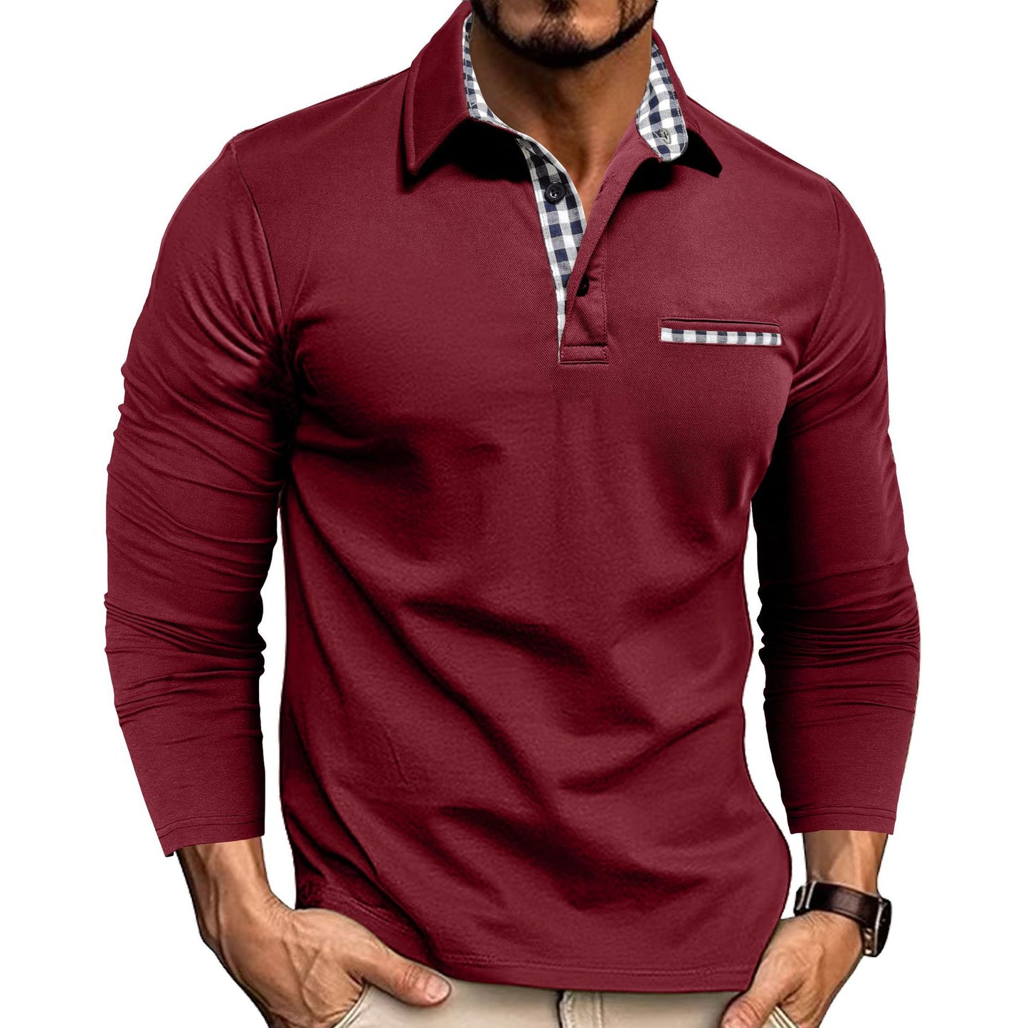 Men's Plaid Splicing Polo Shirt - Long Sleeve Lapel Collar Casual Top