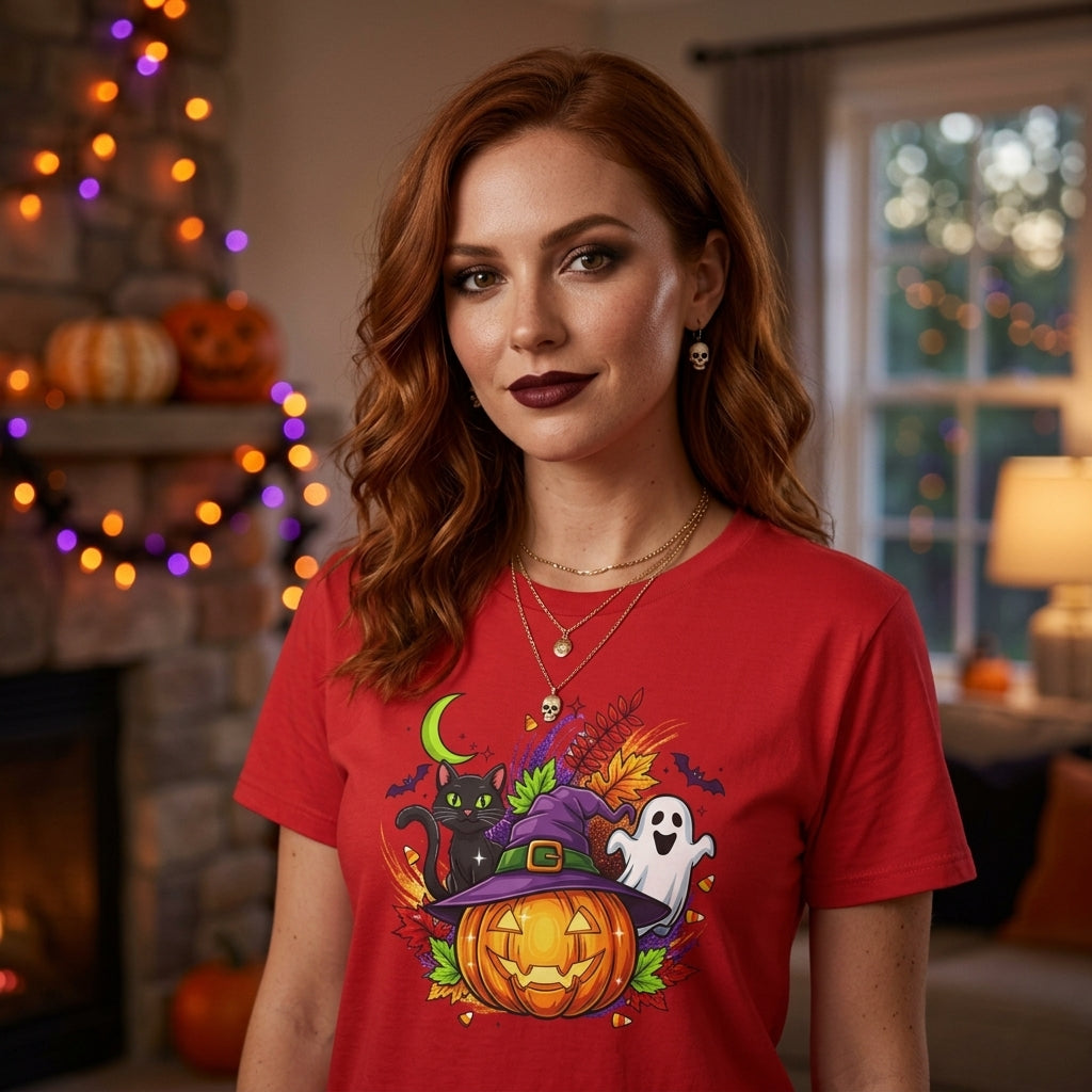 Halloween Graphic T-Shirt | Witch Hat Pumpkin Black Cat Ghost Spooky Tee