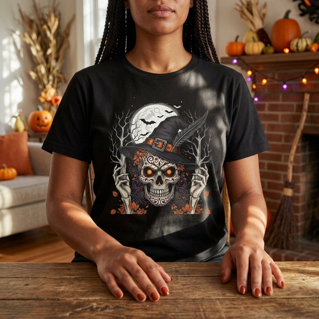 Skull Witch Halloween T-Shirt | Spooky Gothic Skull Graphic Tee for Halloween