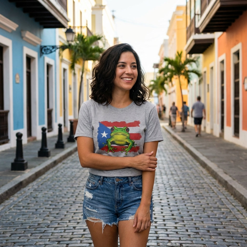 Woman wearing a t-shirt with a colorful graphic design on a street in a colorful neighborhood.