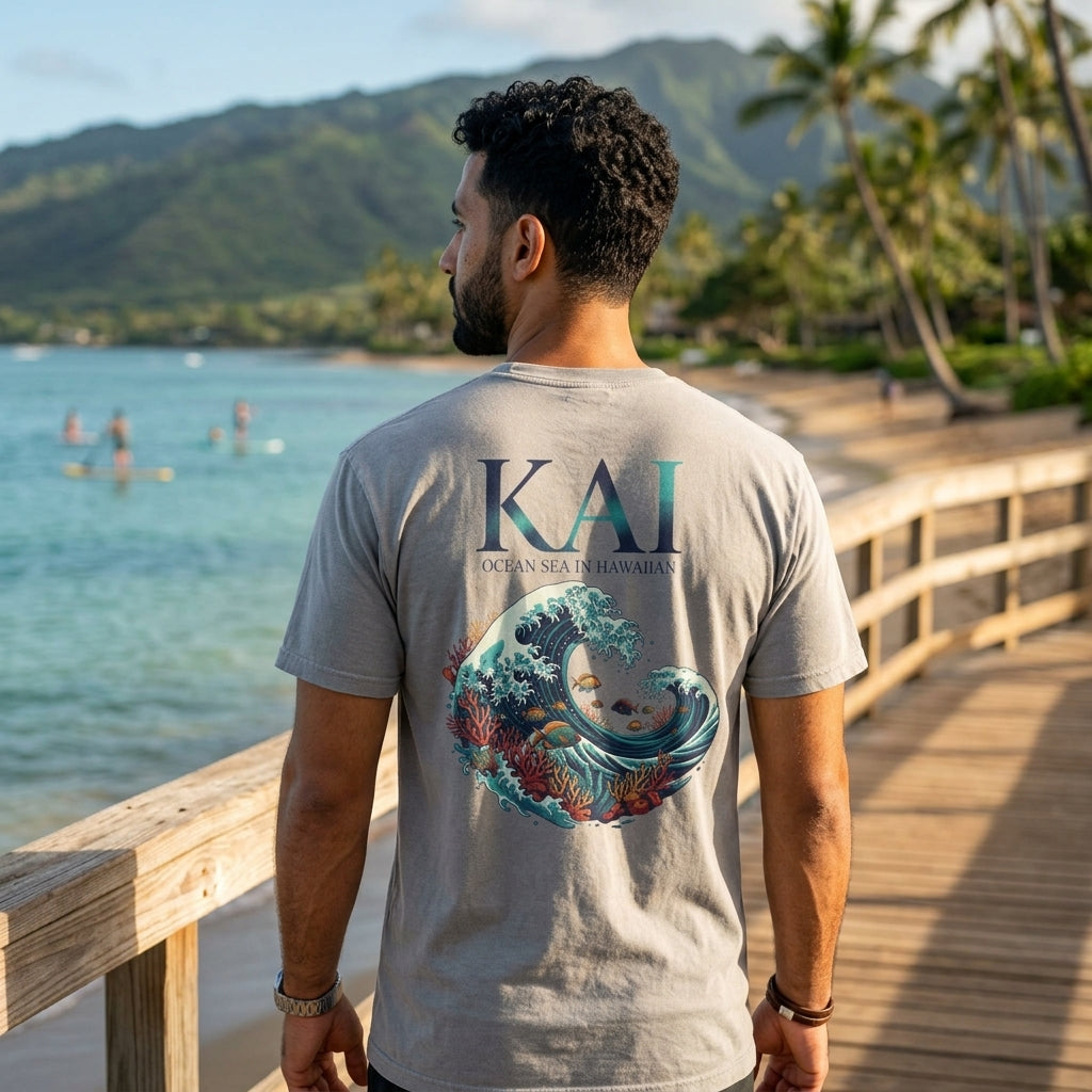 A man stands on a wooden boardwalk overlooking a tropical beach and ocean, wearing a light gray t-shirt with a graphic print on the back. The print features the text 'KAI OCEAN SEA HAWAIIAN' above a detailed wave and coral design.