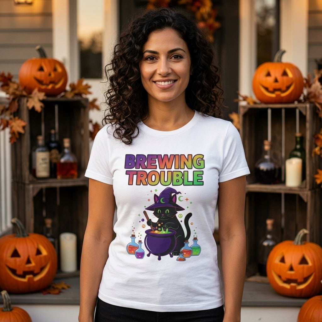 Brewing Trouble T-Shirt | Cute Witch Cauldron Halloween Graphic Tee
