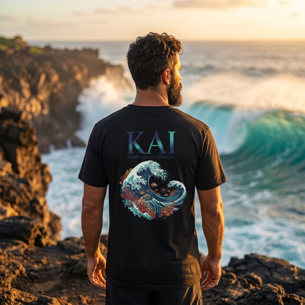 A man stands on a rocky coastline at sunset facing the ocean, wearing a black graphic T-shirt with 'KAI' and 'OCEAN WAVES' text above a large wave and coral print on the back.