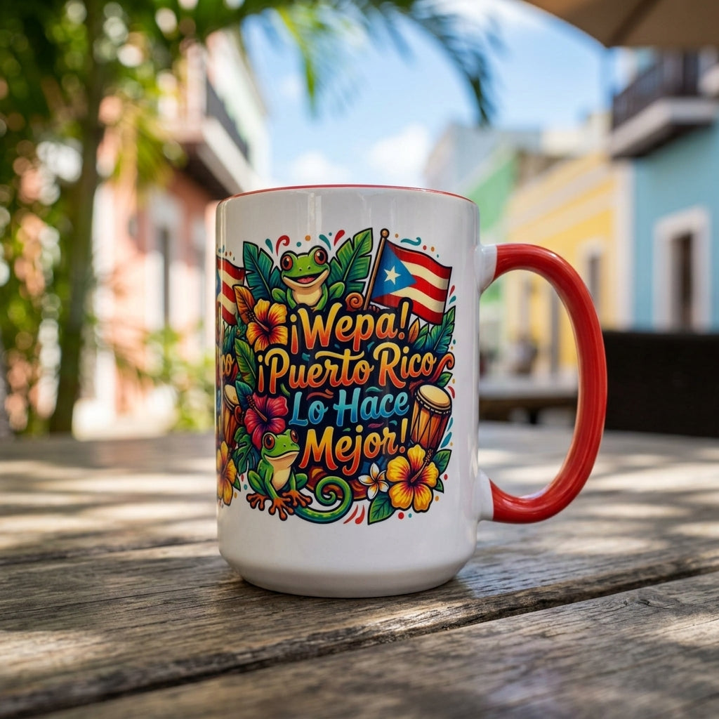 Wepa! Puerto Rico Lo Hace Mejor Accent Coffee Mug | Puerto Rican Flag, Coquí, Floral Design