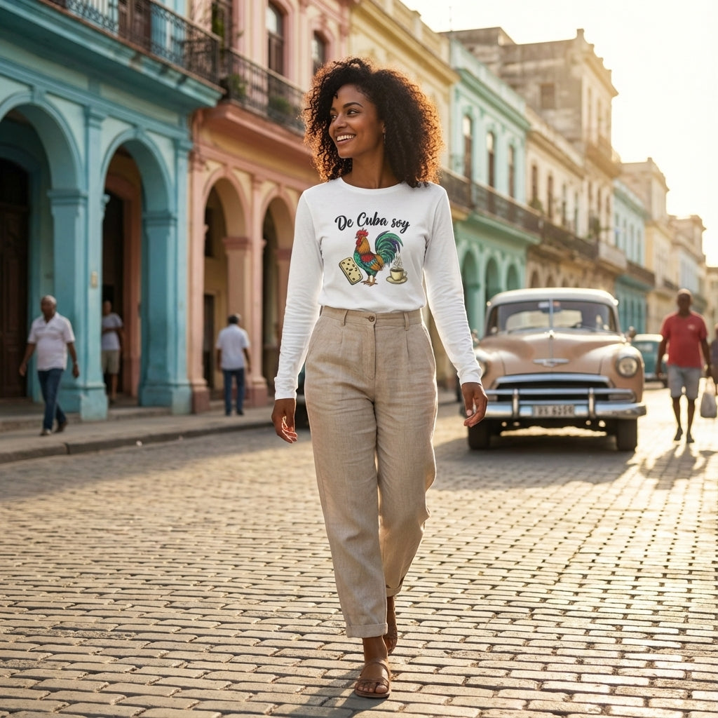 Woman walking on a cobbled street in a colorful urban setting