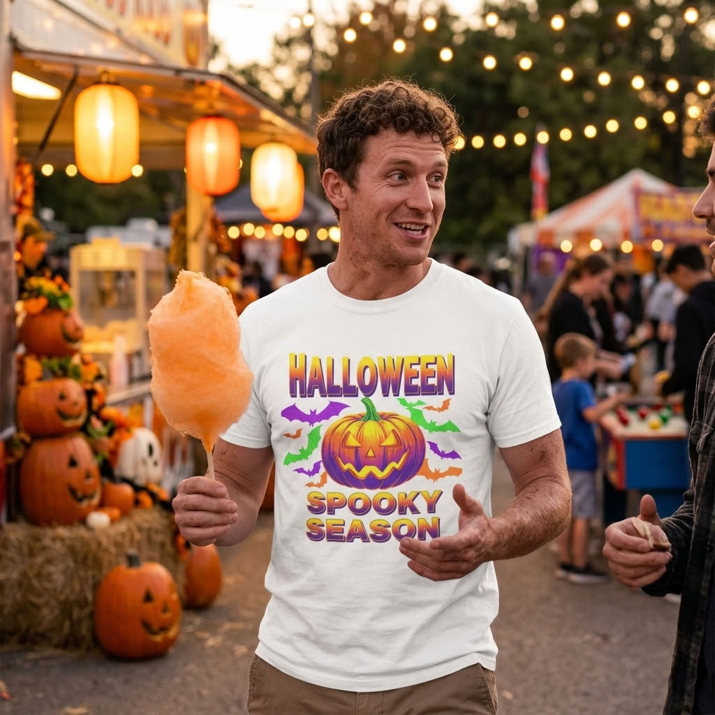 Retro Halloween T-Shirt | Neon Pumpkin & Bats 'Spooky Season' Tee | 80s/90s Style