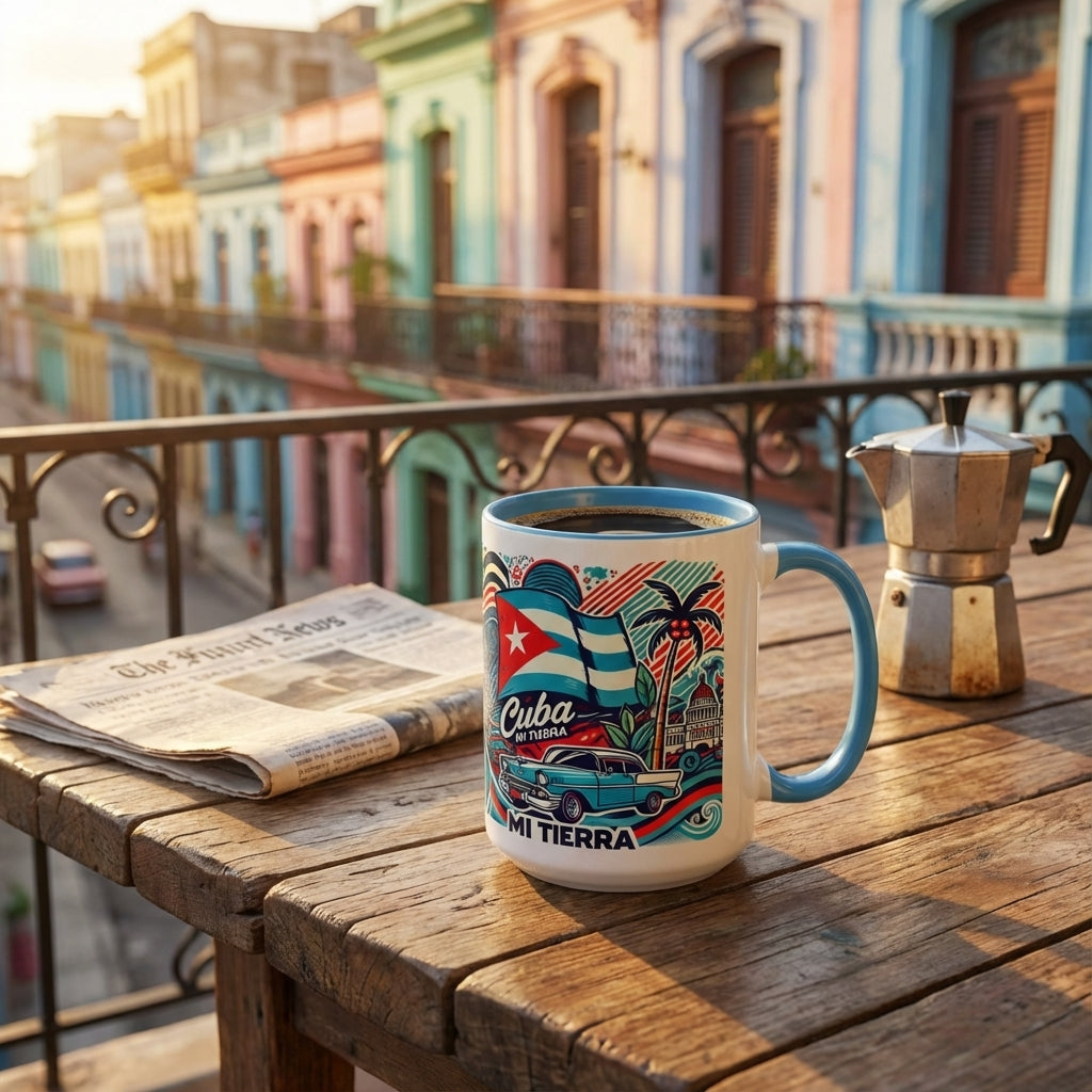 Cuban-themed mug on a balcony with colorful buildings in the background