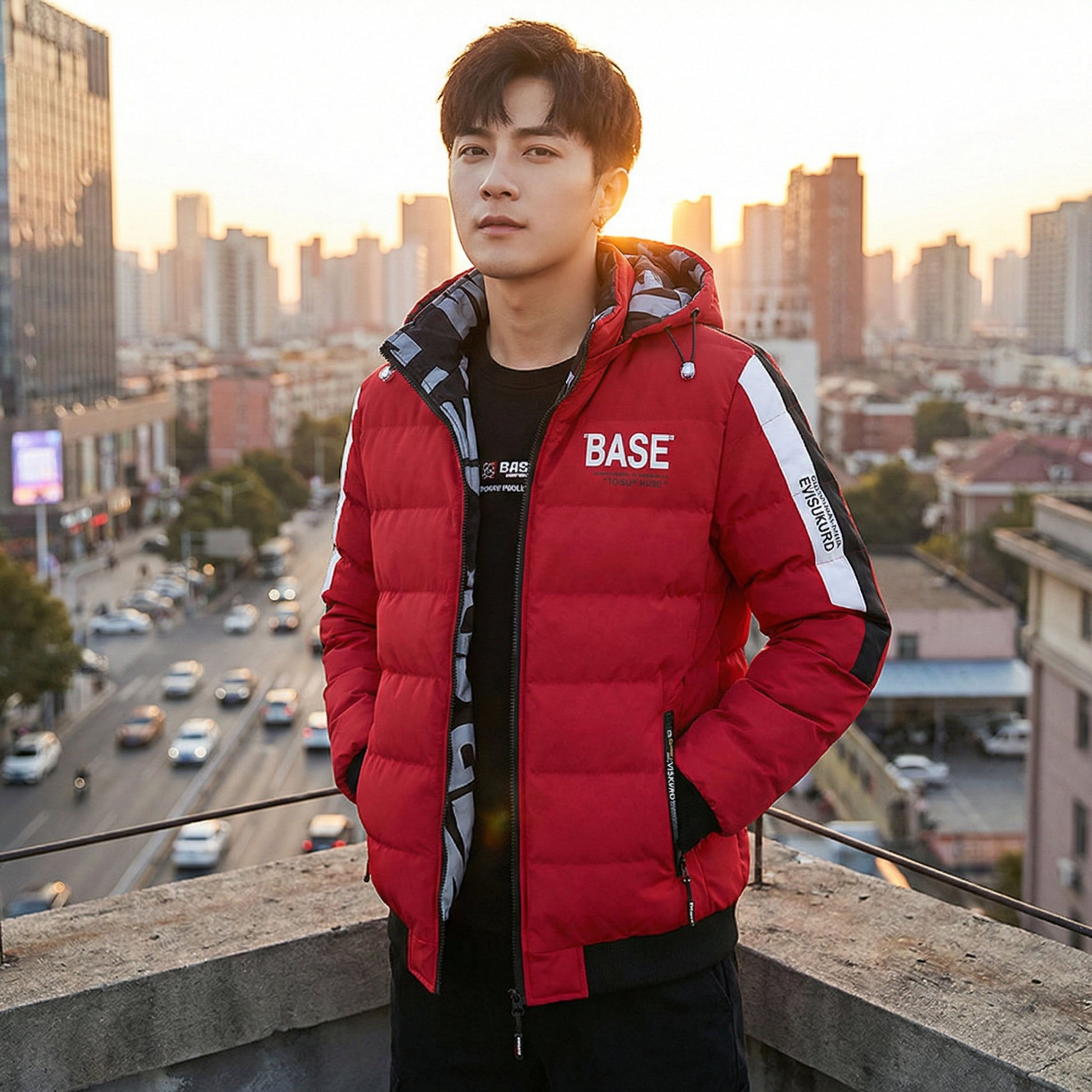Person wearing a red puffer jacket with 'BASE' branding in an urban setting.